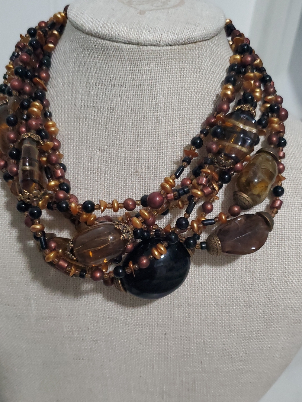 Chico's Layered Beaded Statement Necklace in Black, Gold, Brown